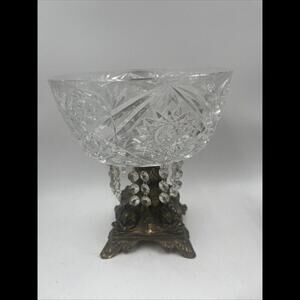 Vintage Centerpiece Brass Compote Pedestal Bowl Cut Glass MCM Antique Crystals